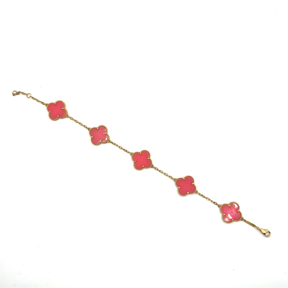 Van Cleef & Arpels Alhambra Bracelet Pink Enamel 18K Gold 5 Motif Old Money